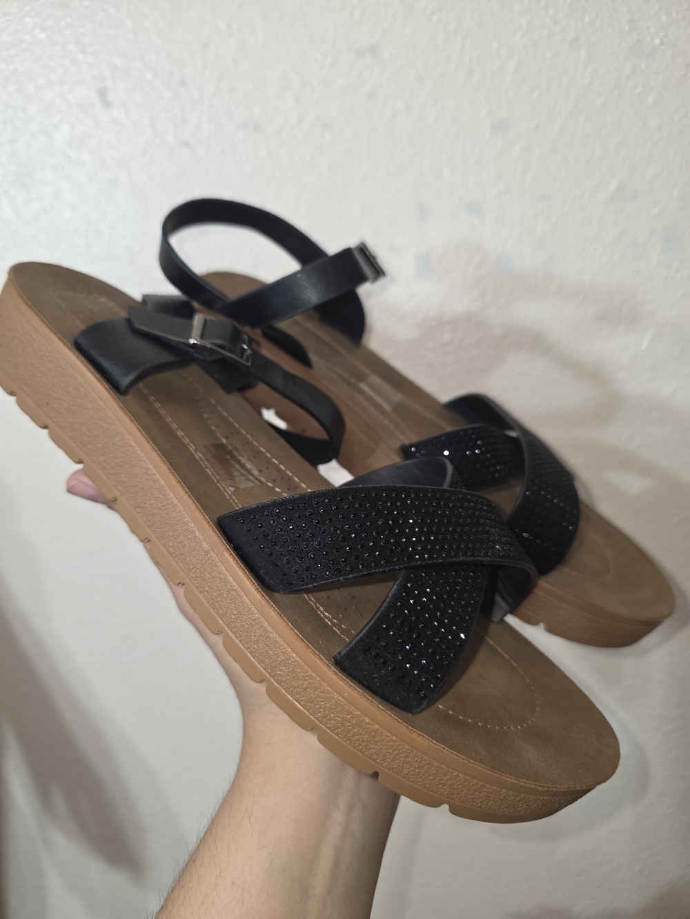 Women's Black Sparkle Cross-Strap Sandals